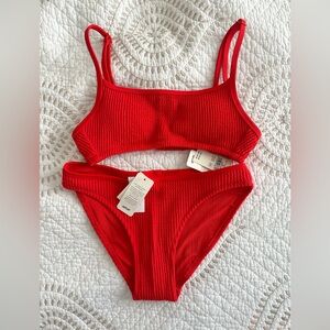 NWT Aerie crinkle straight scoop bikini top full coverage swim bottoms xxs - red